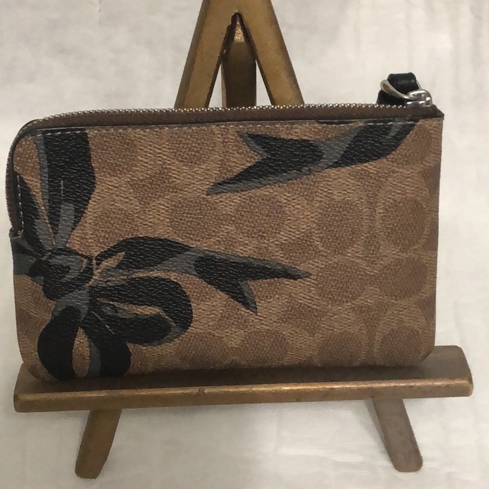 Coach Brown Signature Floral Wristlet with Black Trim - Picture 6 of 9
